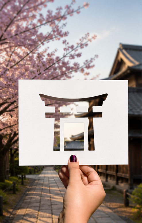 A paper cutout of a torii gate framing cherry blossoms and a Japanese shrine path
