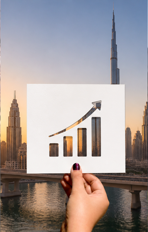 A paper cutout of a rising chart framing the Dubai skyline at golden hour